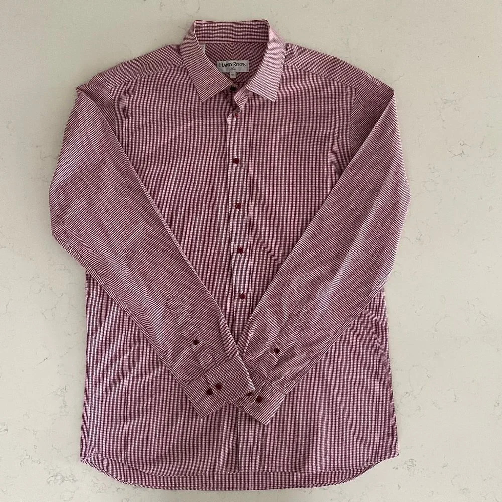 Harry Rosen Slim Lg Slv Button Down 100% Cotton Check Shirt Red + White Sz 16.5
